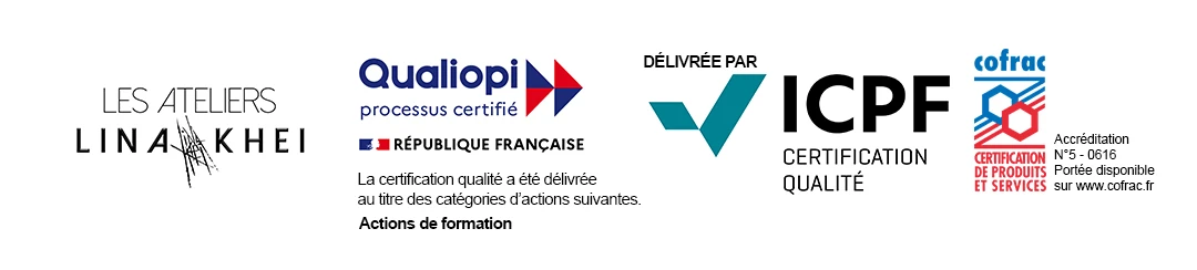 Les Ateliers Lina Khei, Qualiopi processus certifié, République française, certification délivrée par ICPF au titre des actions de formation, accréditation Cofrac n° 5-0616